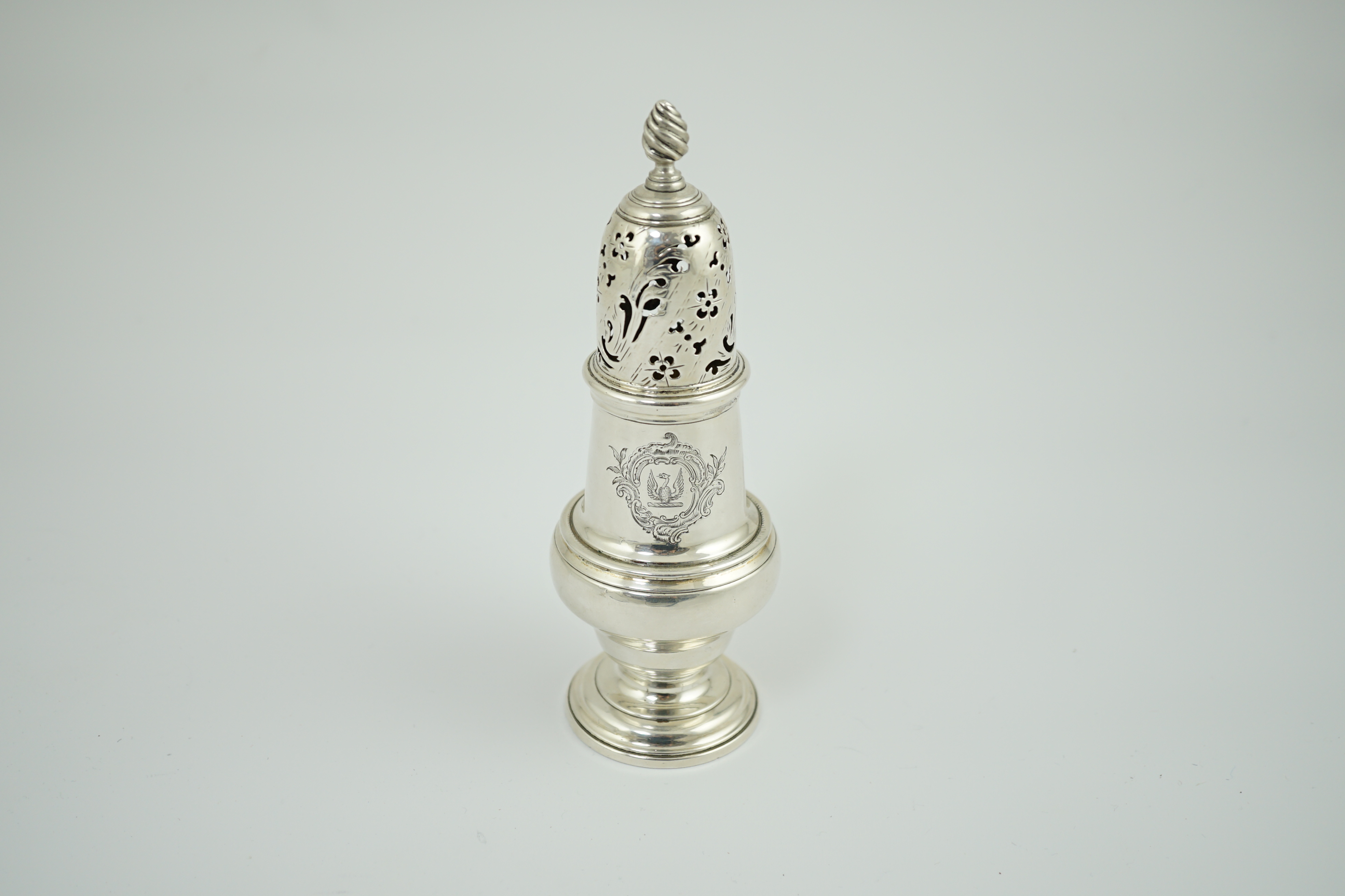 An early George III silver baluster sugar caster, by John Delmester